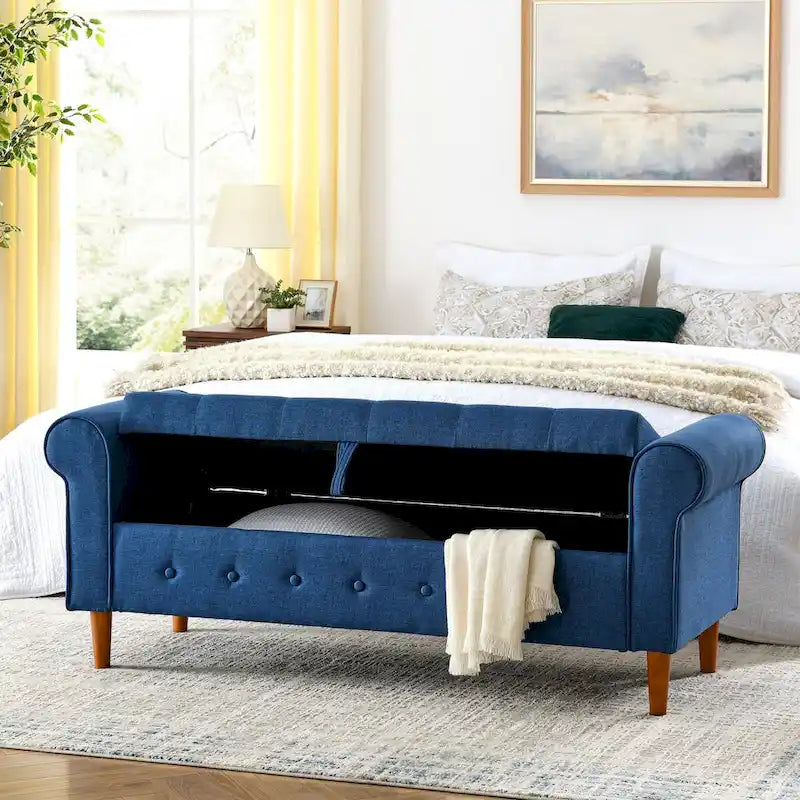 Panca contenitore capitonné per camera da letto 62, pouf moderno rivestito in tessuto, panca da finestra con braccioli arrotolati