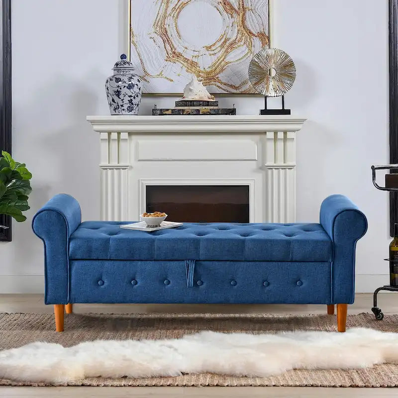 Panca contenitore capitonné per camera da letto 62, pouf moderno rivestito in tessuto, panca da finestra con braccioli arrotolati