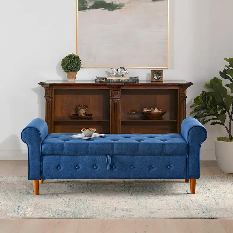Panca contenitore capitonné per camera da letto 62, pouf moderno rivestito in tessuto, panca da finestra con braccioli arrotolati