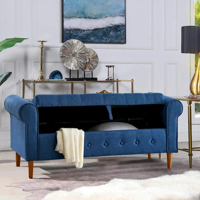 Panca contenitore capitonné per camera da letto 62, pouf moderno rivestito in tessuto, panca da finestra con braccioli arrotolati