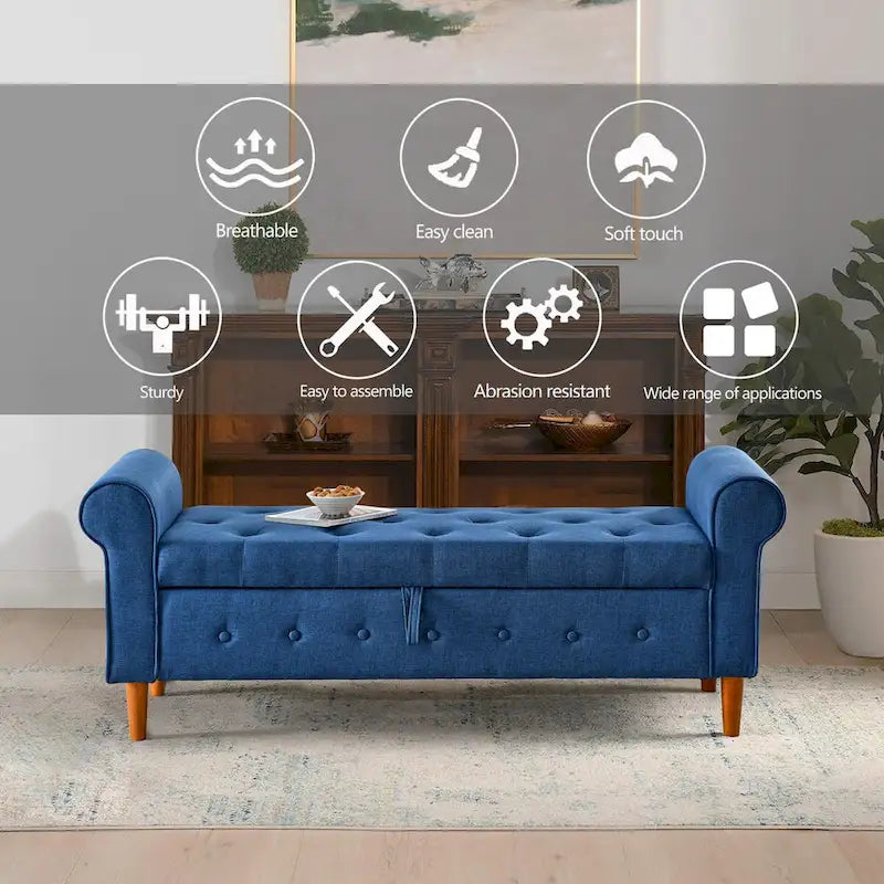 Panca contenitore capitonné per camera da letto 62, pouf moderno rivestito in tessuto, panca da finestra con braccioli arrotolati