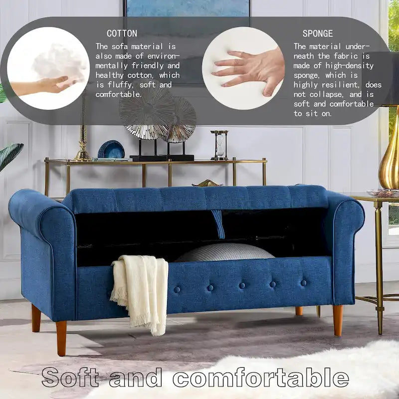 Panca contenitore capitonné per camera da letto 62, pouf moderno rivestito in tessuto, panca da finestra con braccioli arrotolati