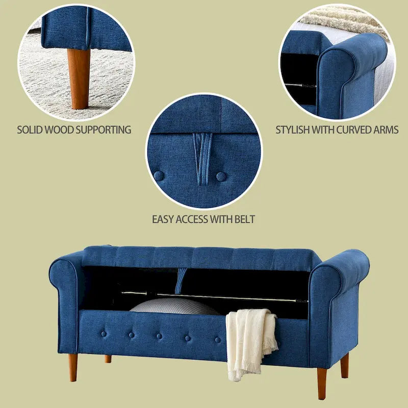 Panca contenitore capitonné per camera da letto 62, pouf moderno rivestito in tessuto, panca da finestra con braccioli arrotolati