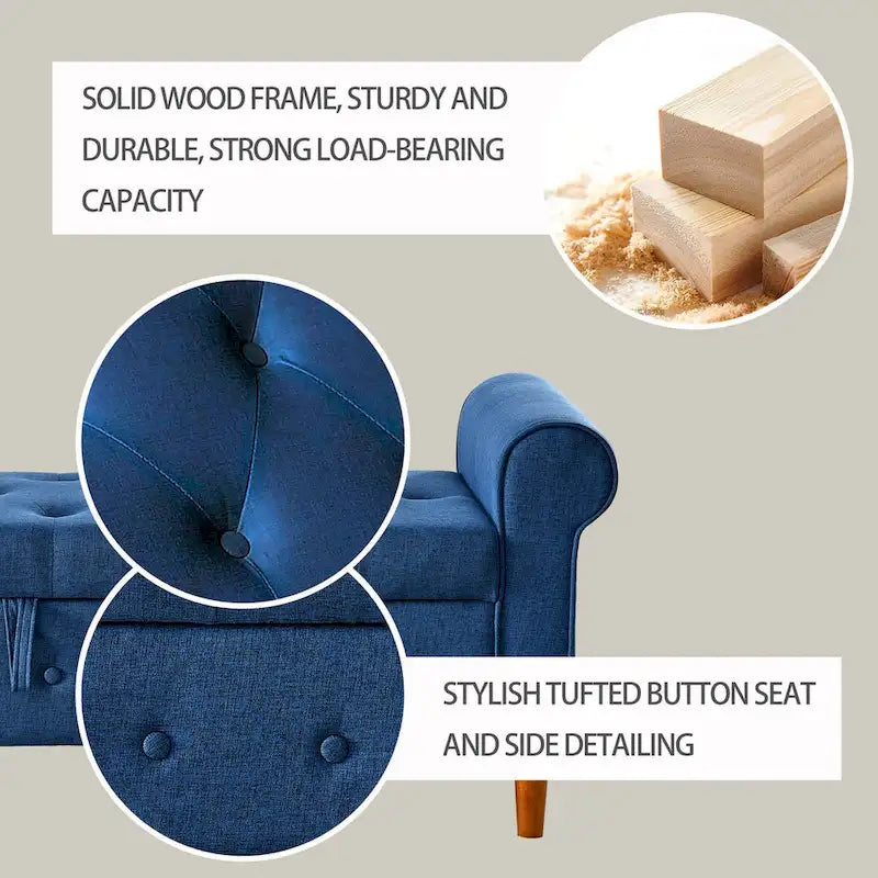 Panca contenitore capitonné per camera da letto 62, pouf moderno rivestito in tessuto, panca da finestra con braccioli arrotolati