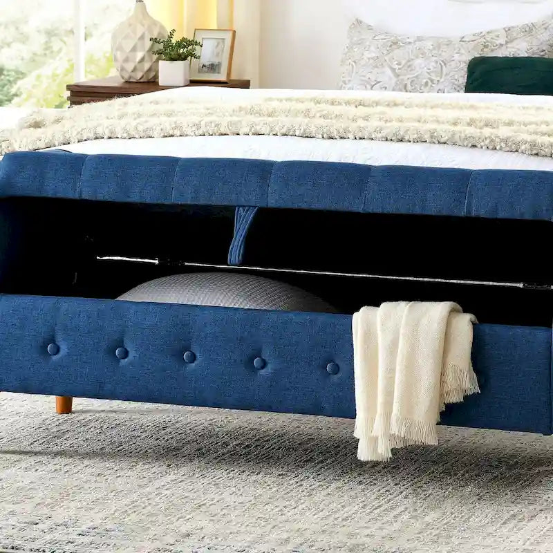 Panca contenitore capitonné per camera da letto 62, pouf moderno rivestito in tessuto, panca da finestra con braccioli arrotolati