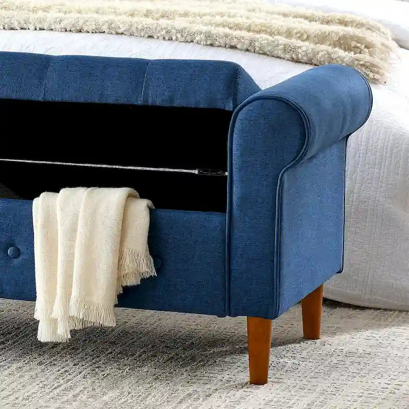 Panca contenitore capitonné per camera da letto 62, pouf moderno rivestito in tessuto, panca da finestra con braccioli arrotolati