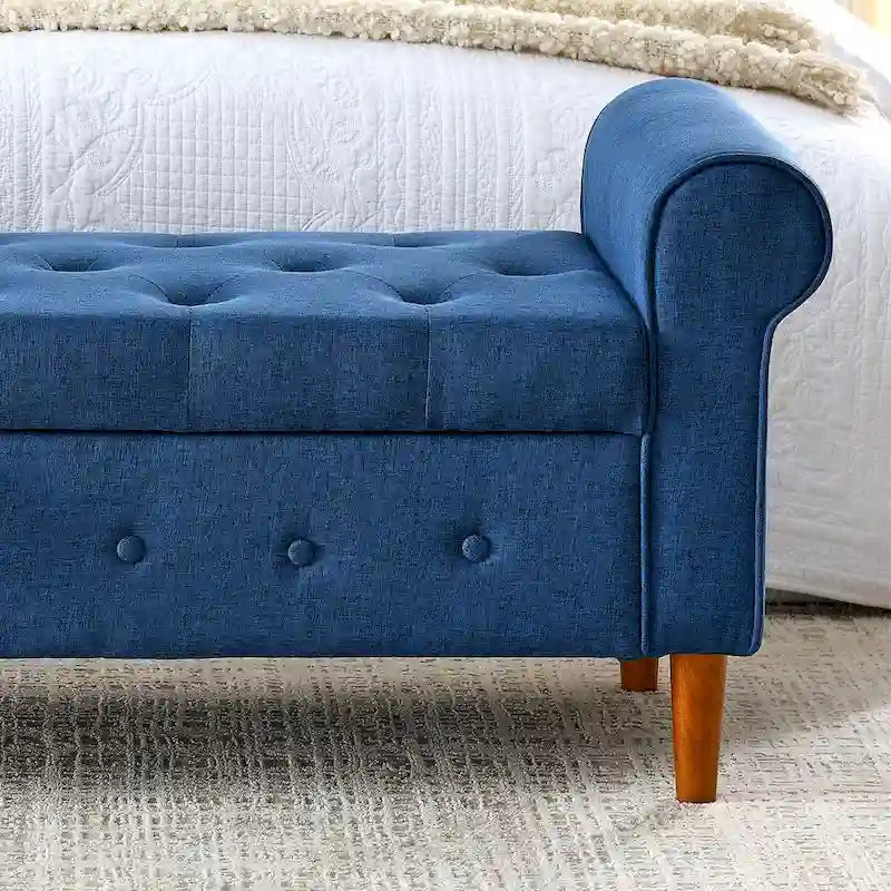 Panca contenitore capitonné per camera da letto 62, pouf moderno rivestito in tessuto, panca da finestra con braccioli arrotolati