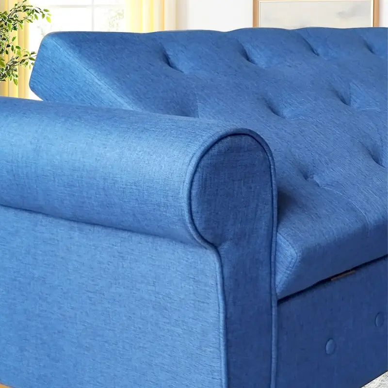 Panca contenitore capitonné per camera da letto 62, pouf moderno rivestito in tessuto, panca da finestra con braccioli arrotolati