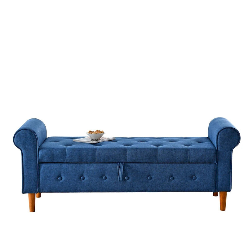 Panca contenitore capitonné per camera da letto 62, pouf moderno rivestito in tessuto, panca da finestra con braccioli arrotolati