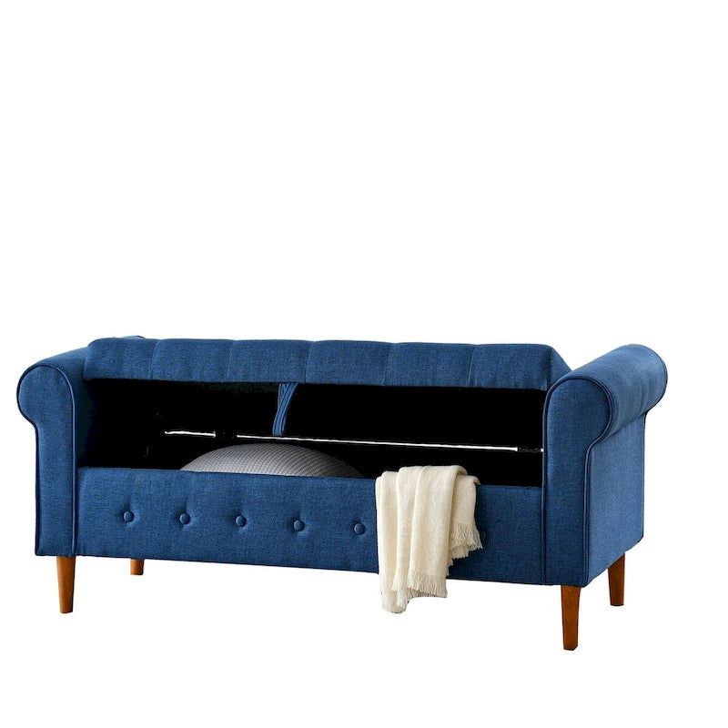 Panca contenitore capitonné per camera da letto 62, pouf moderno rivestito in tessuto, panca da finestra con braccioli arrotolati