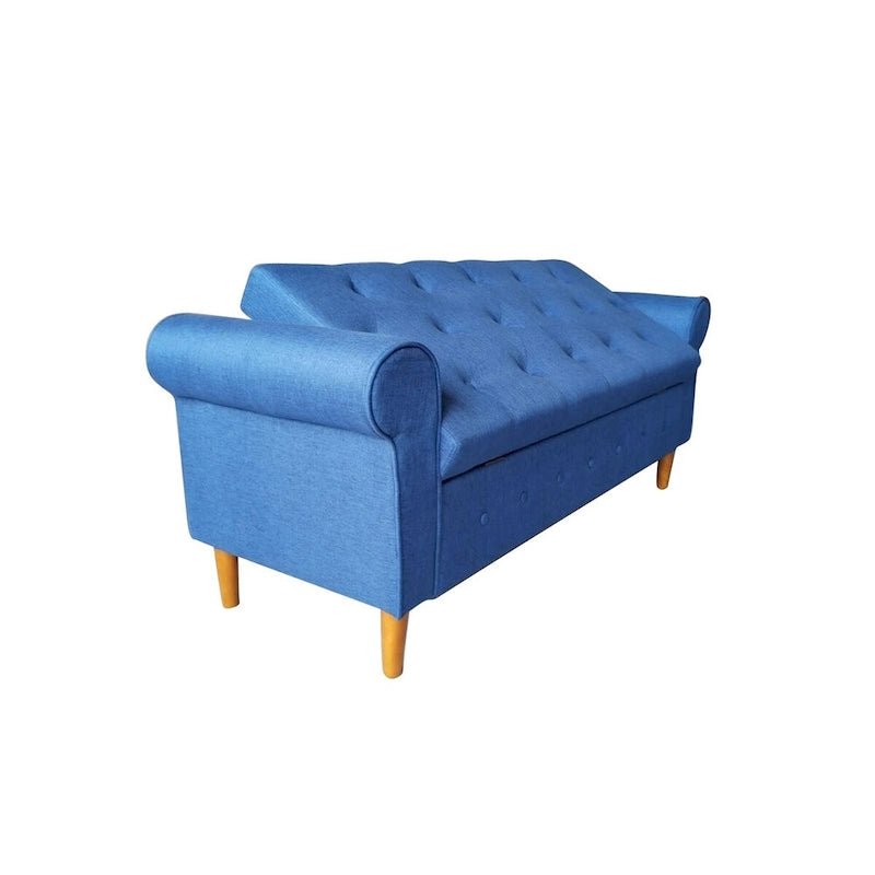 Panca contenitore capitonné per camera da letto 62, pouf moderno rivestito in tessuto, panca da finestra con braccioli arrotolati