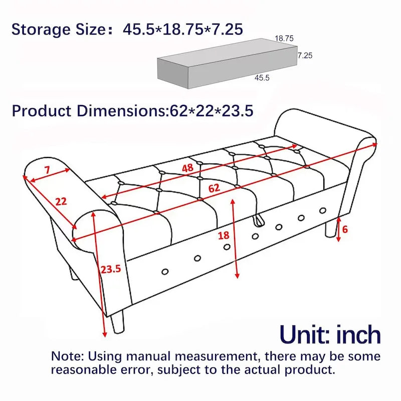 Panca contenitore capitonné per camera da letto 62, pouf moderno rivestito in tessuto, panca da finestra con braccioli arrotolati